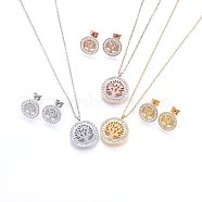 304 Stainless Steel Jewelry Sets, Pendant Necklaces and Stud Earrings, with Polymer Clay Rhinestone, Flat Round with Tree of Life, Mixed Color, 17.32 inch(44cm), 14x2mm, Pin: 0.8mm(SJEW-H143-04)