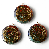 Flat Round Epoxy Resin Pendants, with Natural Amethyst & Lapis Lazuli & Sodalite & Green Aventurine & Tiger Eye & Carnelian & Red Jasper Chips inside, and Brass Sticker, Chakra Theme, 39.5x35x10.5~11.5mm, Hole: 1.8mm(G-R478-22D)