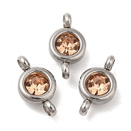 304 Stainless Steel Single Rhinestone Connector Charms, Flat Round Links, Stainless Steel Color, Light Peach, 12x6.5x4mm, Hole: 2mm(STAS-E194-13P-13)