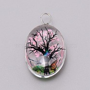 Dried Flower Inside Glass Pendant, with Iron Findings, Oval with Tree of Life Pattern, Pink, 33x18x4mm, Hole: 4mm(GLAA-WH0030-02G)