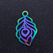 Ion Plating(IP) 201 Stainless Steel Pendants, Peacock Feathe, Rainbow Color, 18x10.5x1mm, Hole: 1.5mm(STAS-Q201-JN198)