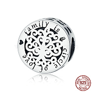 925 Sterling Silver Euorpean Beads, Flat Round with Word family is a circle of love, Antique Silver, 12x11mm(STER-FF0012-05AS)