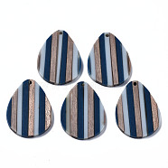Stripe Resin & Walnut Wood Pendants, Teardrop, Prussian Blue, 36x26x3mm, Hole: 1.8mm(RESI-N025-015A-C01)