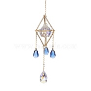 Brass Rhombus Pouch Hanging Ornaments, Teardrop Glass Tassel Suncatchers for Home Outdoor Decoration, Golden, 214mm(HJEW-TA00108)