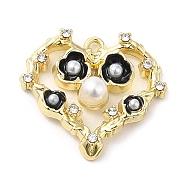 Spray Painted Alloy Pendants, Glass with CCB Pearls, Hollow out with Heart, Golden, 17x19.5x5mm, Hole: 1mm(PALLOY-D019-11G-02)