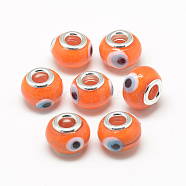 Handmade Evil Eye Lampwork European Beads, with Brass Double Cores, Large Hole Beads, Rondelle, Platinum, Coral, 14~15x10~11mm, Hole: 5mm(LAMP-T004-28G)