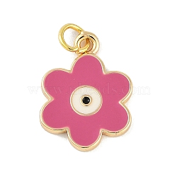 Brass Enamel Pendants, with Jump Ring, Real 18K Gold Plated, Flower Charm, Hot Pink, 18x13x1.5mm, Hole: 3mm(KK-B114-09G)