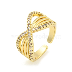 Brass Micro Pave Cubic Zirconia Open Cuff Ring, Criss Cross Rings for Women, Golden, 12mm, Adjustable(AJEW-U003-05G)