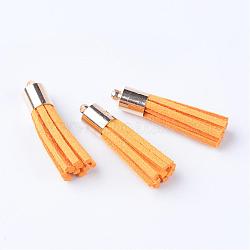 Faux Suede Tassel Pendant Decorations, with Brass Cord Ends, Golden, Dark Orange, 33~34x7mm, Hole: 2mm(FIND-T004-B21)