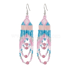 Iron with Glass with Natural White Jade Dangle Stud Earring, Tassel, Pink, 86x22mm(EJEW-MZ00183)