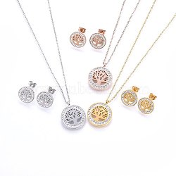304 Stainless Steel Jewelry Sets, Pendant Necklaces and Stud Earrings, with Polymer Clay Rhinestone, Flat Round with Tree of Life, Mixed Color, 17.32 inches(44cm); 14x2mm; Pin: 0.8mm(SJEW-H143-04)