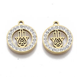 201 Stainless Steel Pendants, with Polymer Clay Crystal Rhinestone, for Religion, Flat Round with Hamsa Hand/Hand of Fatima/Hand of Miriam, Golden, 17x15x2mm, Hole: 1.6mm(X-STAS-N091-23G)
