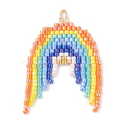 MIYUKI Glass Seed Beads, Loom Pattern, with Brass Finding, Rainbow Pendants, Colorful, 37x25x2mm, Hole: 3x2mm(PALLOY-MZ00168)