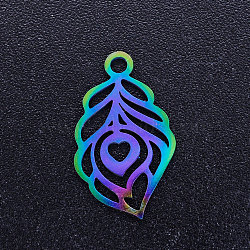 Ion Plating(IP) 201 Stainless Steel Pendants, Peacock Feathe, Rainbow Color, 18x10.5x1mm, Hole: 1.5mm(STAS-Q201-JN198)