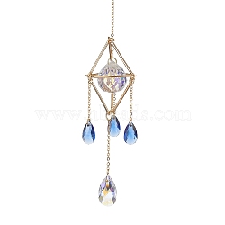 Brass Rhombus Pouch Hanging Ornaments, Teardrop Glass Tassel Suncatchers for Home Outdoor Decoration, Golden, 214mm(HJEW-TA00108)