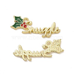 Christmas Theme Holly Rack Plating Alloy Enamel Pendants, Word Snuggle Charms, Light Gold, 12x27x1.5mm, Hole: 1.6mm(X-PALLOY-O109-28LG)