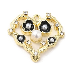 Spray Painted Alloy Pendants, Glass with CCB Pearls, Hollow out with Heart, Golden, 17x19.5x5mm, Hole: 1mm(PALLOY-D019-11G-02)