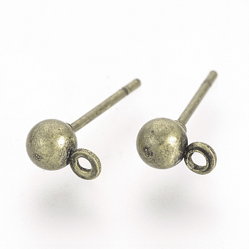 Iron Ball Stud Earring Findings, with Loop, Antique Bronze, 15x4mm, Hole: 1mm, Pin: 0.8mm