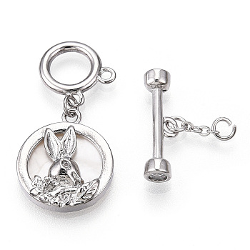 Shell Toggle Clasps, with Brass Crystal Rhinestone Findings, Flat Round with Rabbit, Platinum, 41.5mm, Flat Round: 17x15x3.5mm, O Clasps: 12x12x1mm, T Clasps: 5.5x18x4mm