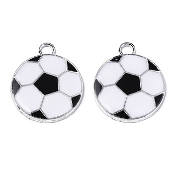 Eco-Friendly Alloy Enamel Hollow Pendants, Sports Charms, Flat Round with Football Pattern, Platinum, White, 24x20x2.5mm, Hole: 3mm