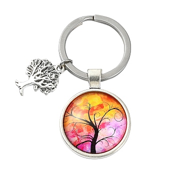 Alloy Glass Keychains, with 304 Stainless Steel Keychain Clasps, Flat Round, Gold, 6.2cm