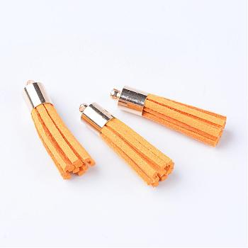 Faux Suede Tassel Pendant Decorations, with Brass Cord Ends, Golden, Dark Orange, 33~34x7mm, Hole: 2mm