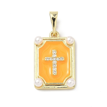 Brass Micro Pave Cubic Zirconia Pendants, with Enamel & ABS Plastic Pearl, Long-Lasting Plated, Rack Plating, Lead Free & Cadmium Free, Rectangle with Cross Charms, Real 18K Gold Plated, Orange, 20x13x4mm, Hole: 3x6mm