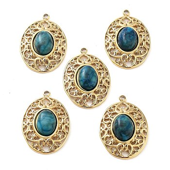 304 Stainless Steel Pendants, Natural Lapis Lazuli Oval Charms, Real 14K Gold Plated, 21x15x5.5~6.5mm, Hole: 1.5mm