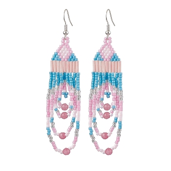 Iron with Glass with Natural White Jade Dangle Stud Earring, Tassel, Pink, 86x22mm