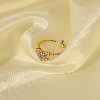 Stainless Steel Rhinestone Heart Cuff Rings for Women, Real 18K Gold Plated