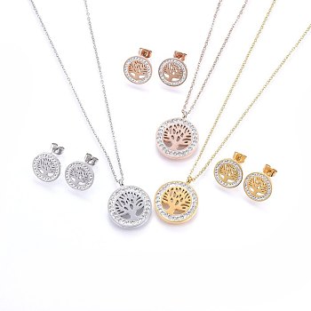 304 Stainless Steel Jewelry Sets, Pendant Necklaces and Stud Earrings, with Polymer Clay Rhinestone, Flat Round with Tree of Life, Mixed Color, 17.32 inch(44cm), 14x2mm, Pin: 0.8mm