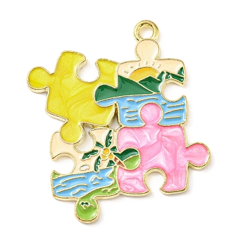 Zinc Alloy Enamel Pendants, Light Gold, Puzzle Charm, Colorful, 33x29x1.5mm, Hole: 1.8mm