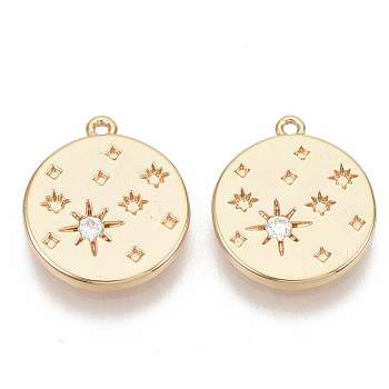 Brass Micro Pave Cubic Zirconia Charms, Nickel Free, Flat Round with Star, Real 18K Gold Plated, Clear, 14.5x12.5x1.5mm, Hole: 0.9mm