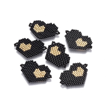 MIYUKI & TOHO Handmade Japanese Seed Beads Links, Loom Pattern, Heart, Black, 20x28~30x1.7mm, Hole: 1.4mm
