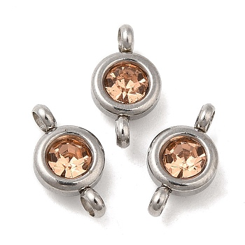 304 Stainless Steel Single Rhinestone Connector Charms, Flat Round Links, Stainless Steel Color, Light Peach, 12x6.5x4mm, Hole: 2mm