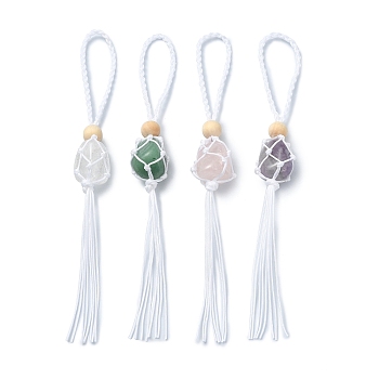Natural Gemstone Macrame Pouch Pendant Decorations, with Iron Ring and Wood Bead, Nylon Threads Hanging Decorations, 17.2cm
