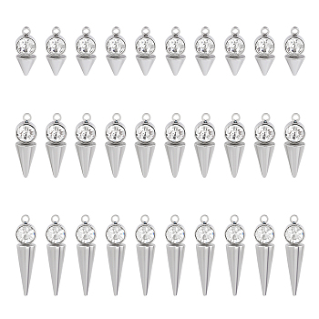 Unicraftale 30Pcs 3 Styles  202 Stainless Steel Pendants, with Rhinestones, Cone/Spike Charm, Stainless Steel Color, Crystal, 14~23x6x5~5.5mm, Hole: 1.2mm, 10pcs/style