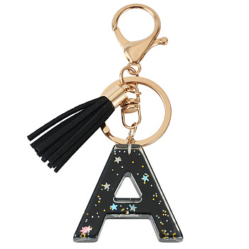 1Pc Resin Letter Keychains, with Alloy Clasps, Golden, with Star Glitter Powder, Golden, Letter A, 106mm