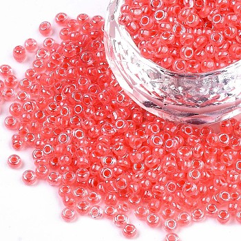 8/0 Glass Seed Beads, Transparent Inside Colours Luster, Round Hole, Round, Pale Violet Red, 8/0, 3~4x2~3mm, Hole: 0.8mm, about 15000pcs/bag