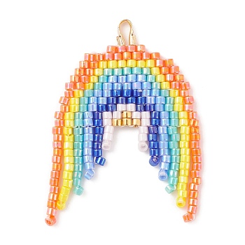 MIYUKI Glass Seed Beads, Loom Pattern, with Brass Finding, Rainbow Pendants, Colorful, 37x25x2mm, Hole: 3x2mm