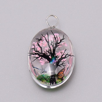 Dried Flower Inside Glass Pendant, with Iron Findings, Oval with Tree of Life Pattern, Pink, 33x18x4mm, Hole: 4mm