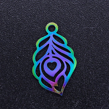 Ion Plating(IP) 201 Stainless Steel Pendants, Peacock Feathe, Rainbow Color, 18x10.5x1mm, Hole: 1.5mm