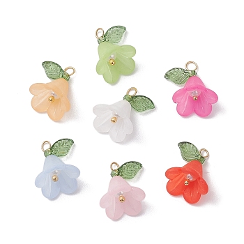 Acrylic Pendants, with Glass and Brass Findings, Flower Charms, Mixed Color, 11x14x14mm, Hole: 3x4mm