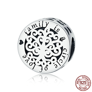 925 Sterling Silver Euorpean Beads, Flat Round with Word family is a circle of love, Antique Silver, 12x11mm