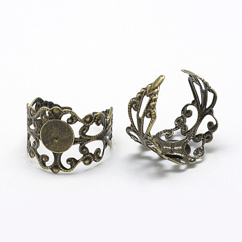 Iron Filigree Cuff Rings, Open Rings Settings, Flat Round, Antique Bronze, Tray: 8mm, 18mm