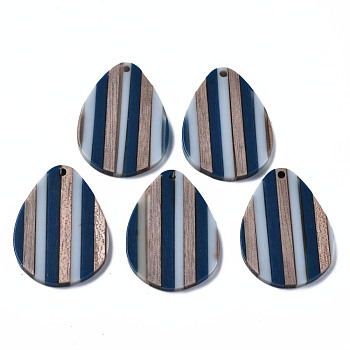 Stripe Resin & Walnut Wood Pendants, Teardrop, Prussian Blue, 36x26x3mm, Hole: 1.8mm