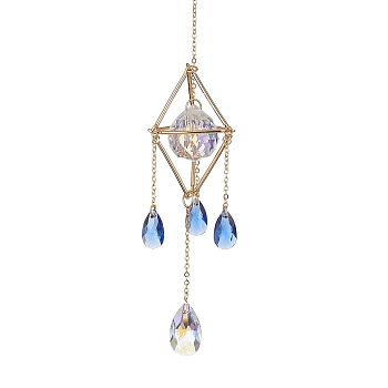 Brass Rhombus Pouch Hanging Ornaments, Teardrop Glass Tassel Suncatchers for Home Outdoor Decoration, Golden, 214mm