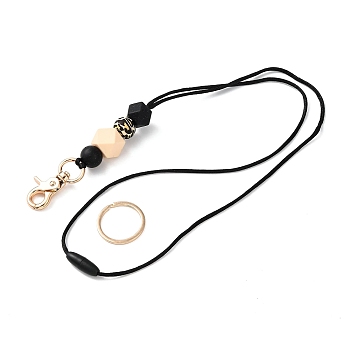 PVC Plastic Card Holders, with Wood Beaded Neck Strap, Black, 450mm