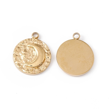 Ion Plating(IP) 304 Stainless Steel Pendant, Textured, Flat Round with Moon, Real 24K Gold Plated, 14x12x2mm, Hole: 1.4mm