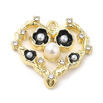 Spray Painted Alloy Pendants, Glass with CCB Pearls, Hollow out with Heart, Golden, 17x19.5x5mm, Hole: 1mm